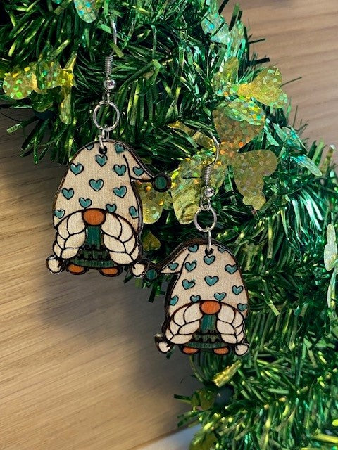 Earrings - Gnome, Green & White, Hearts on Hat