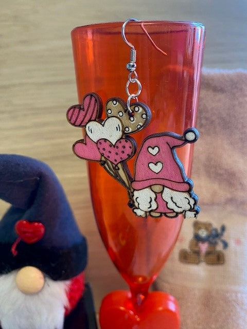 Earrings - Gnome, Pink Heart Hat with Balloons