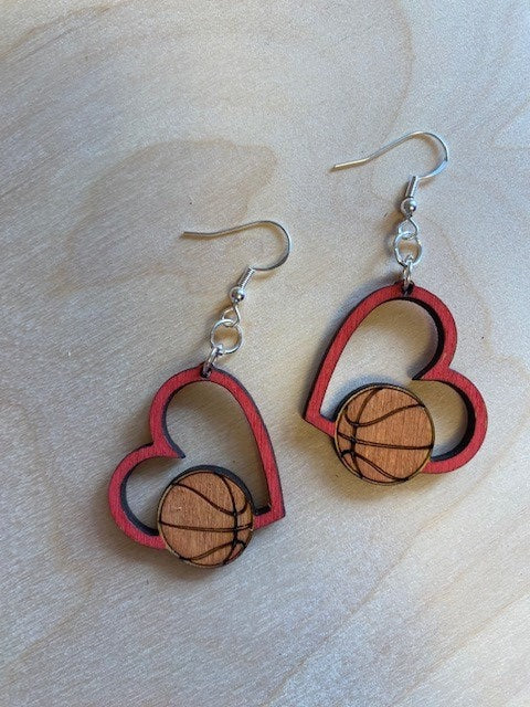 Sports Heart Dangle Earrings (Baseball, Basketball, Hockey, Volleyball, Football, Soccer)
