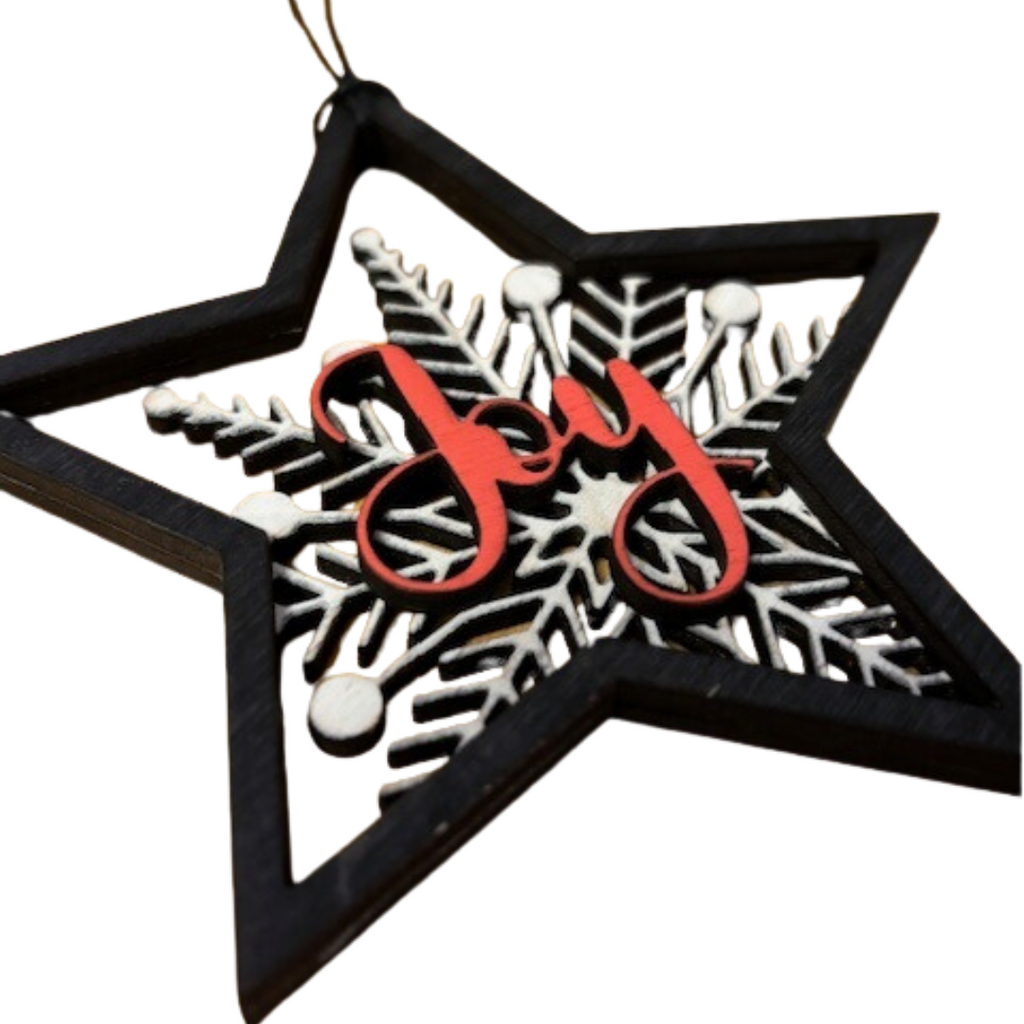 Wooden Star Christmas Ornaments, Noel Joy Peace Holiday, Unique Wood