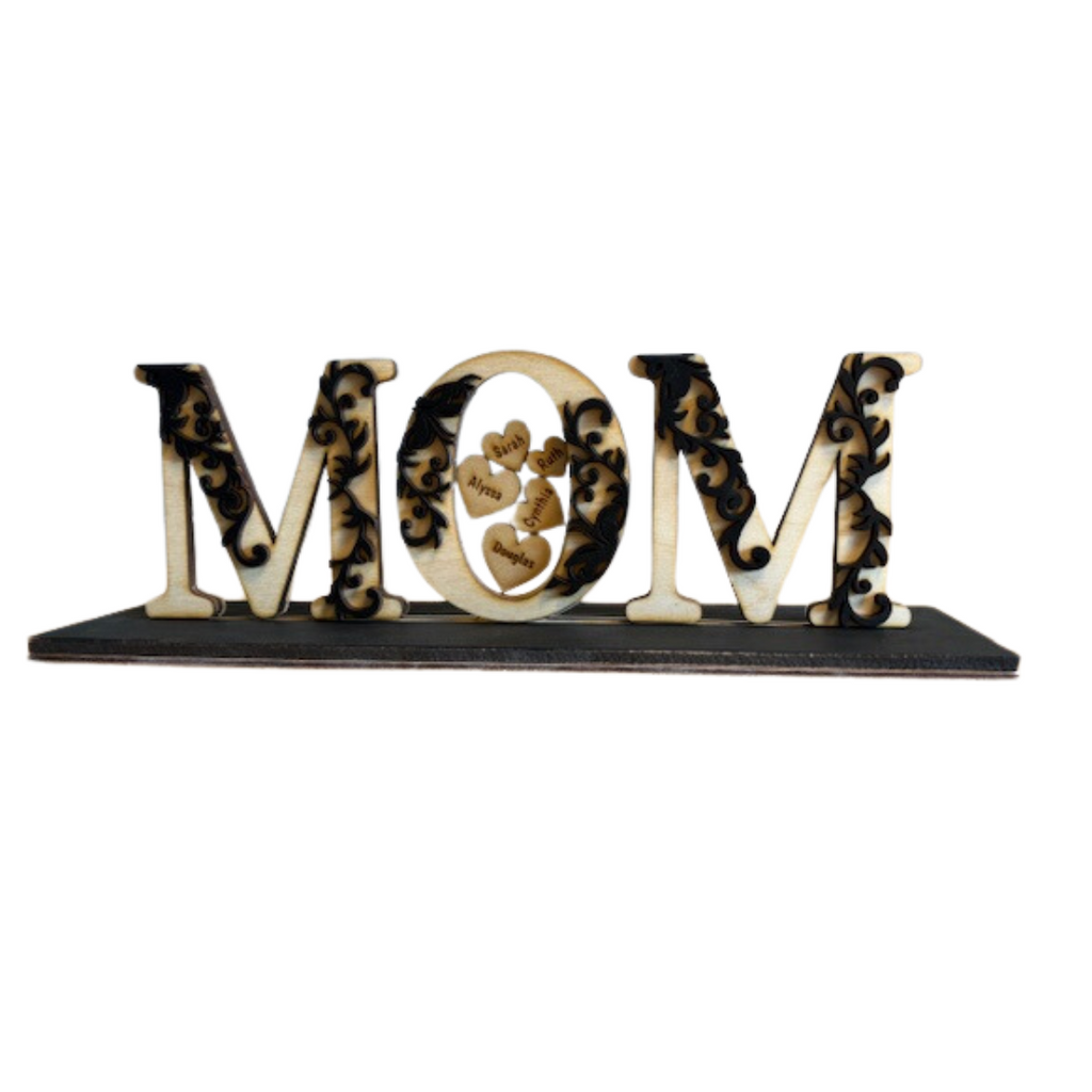 Mom Shelf Decor, Swirls, Personalized Child's Names on Hearts, Black & White, Wood & Acrylic, Perfect for Mother's Day