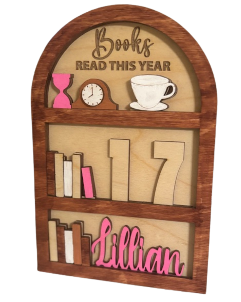 Personalized Reading Tracker Bookshelf – Interchangeable Wooden Bookshelf with Book Count, Storage & Custom Name