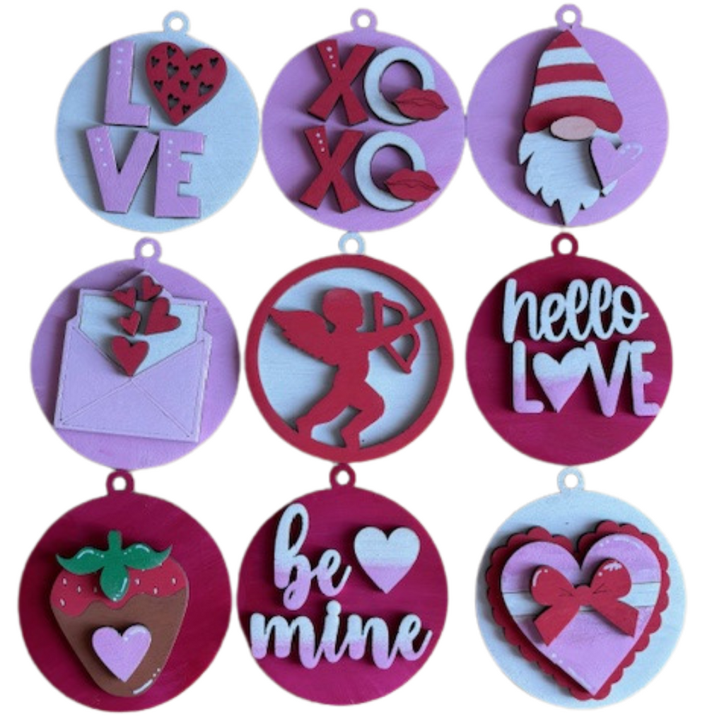 Valentine’s Day Ornaments Set of 9, Hand-painted Red & Pink Wooden Valentine's Day Tree or Mantle Decorations