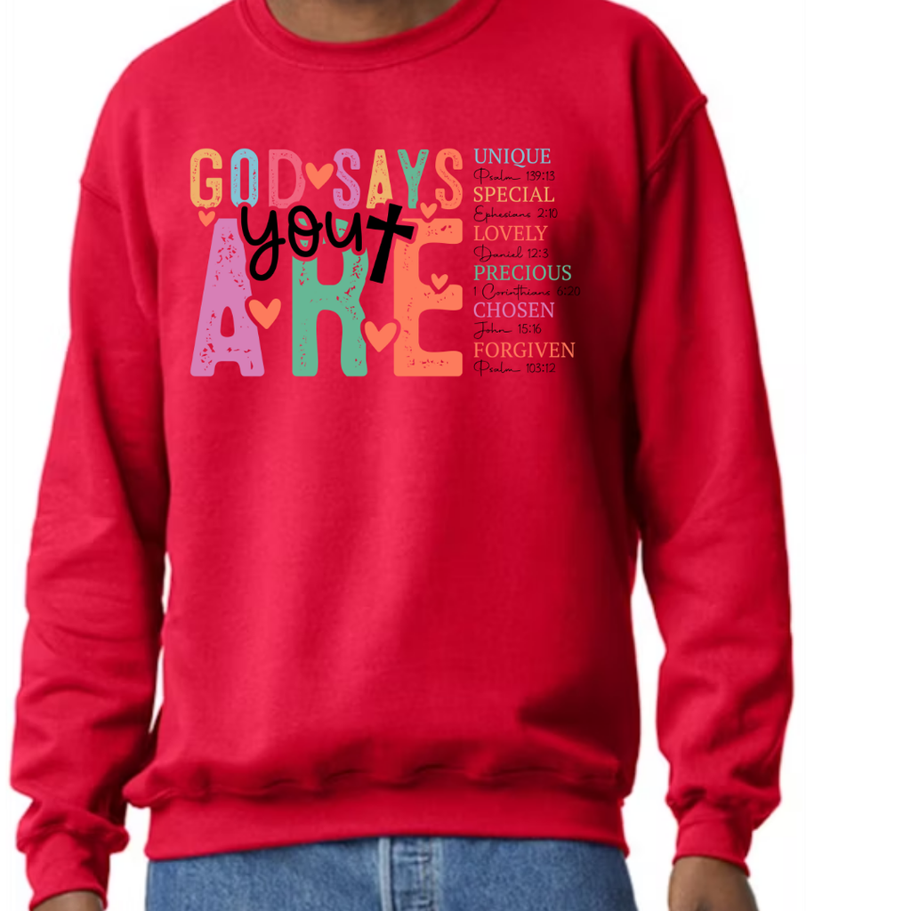 God Says You Are..., Scripture, Encouragement, Red T-Shirt or Sweatshirt, Faith-Based Apparel