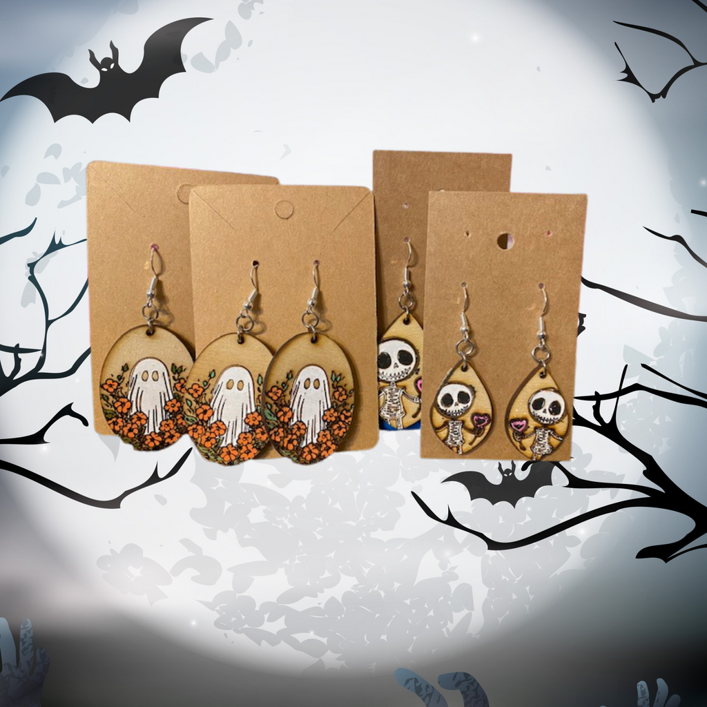 Halloween Dangle Earrings, 2 Sets: Floral Ghost & Cute Skully