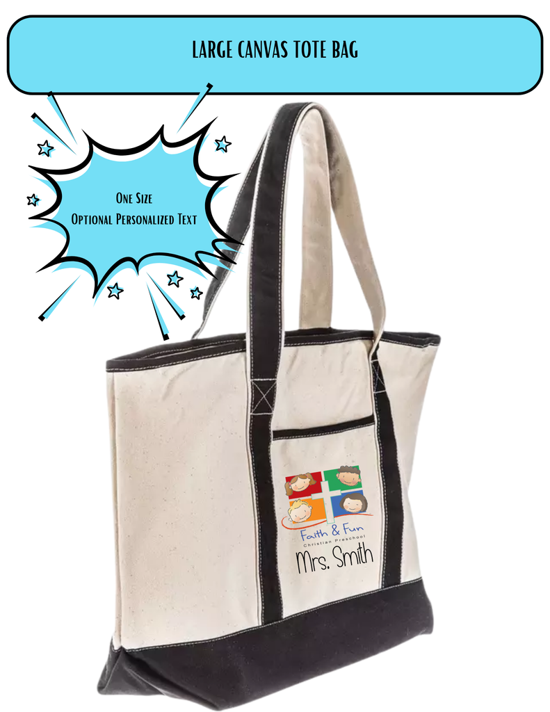 Large Canvas Tote, Natural & Black, Personalized Faith & Fun