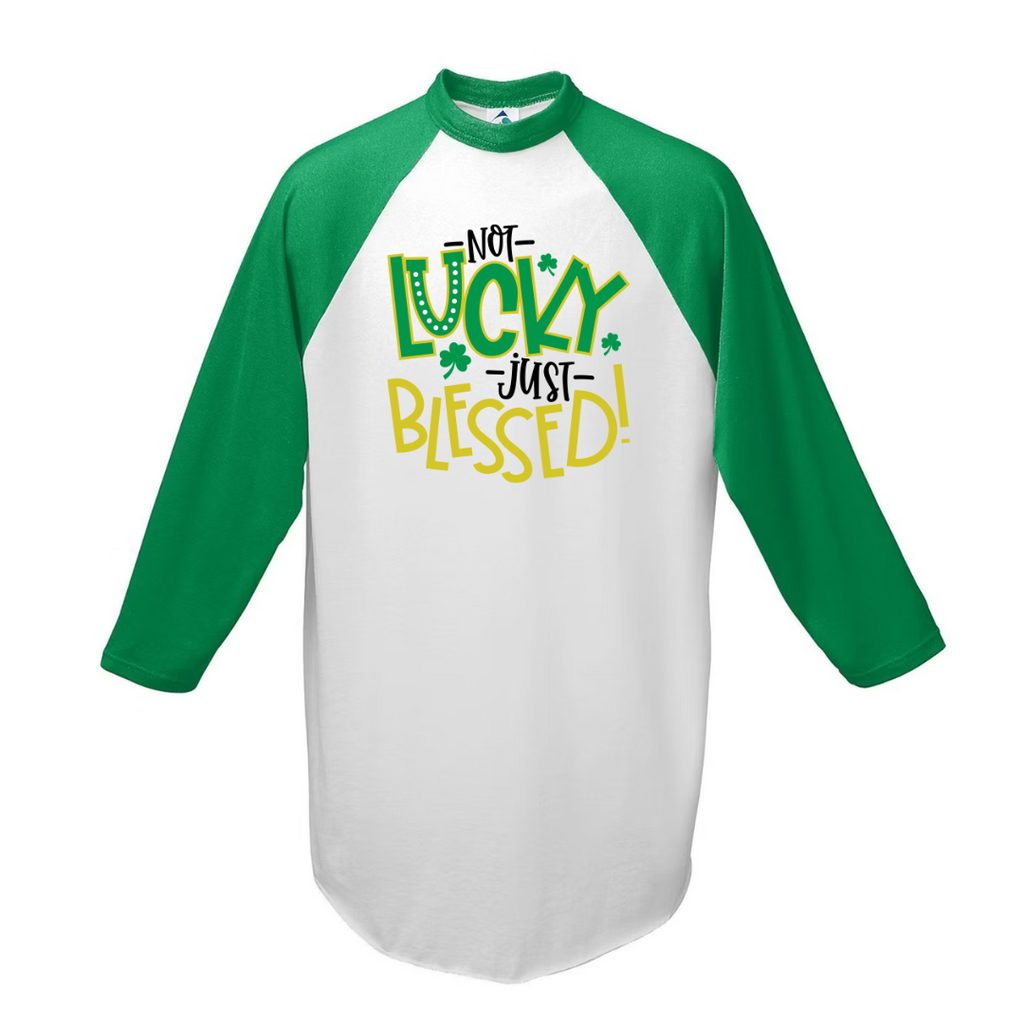 Not Lucky, Just Blessed St. Patrick’s Day ¾ Sleeve Jersey Tee – Faith-Based Raglan