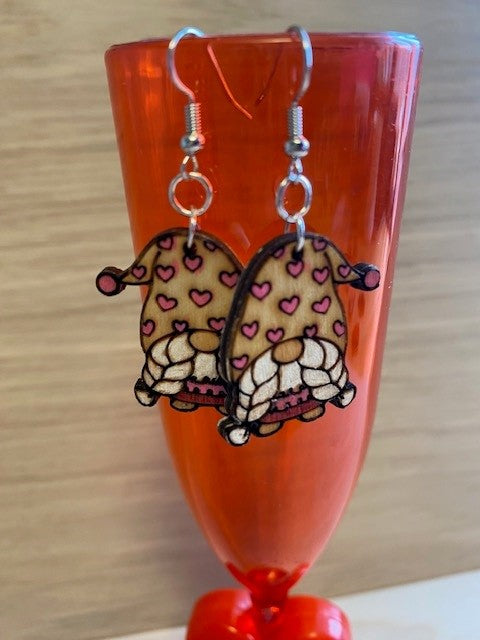 Earrings - Gnome, Pink & White with Hearts on Hat