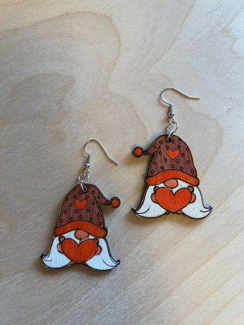 Earrings - Gnome, Red Hearts with Dots on Hat